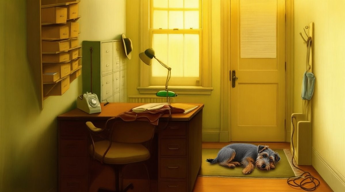 A small 1940s office at dusk: pigeonhole card boxes, a filing cabinet, a bakelite telephone and a desk lamp, with a terrier asleep on a mat by the door