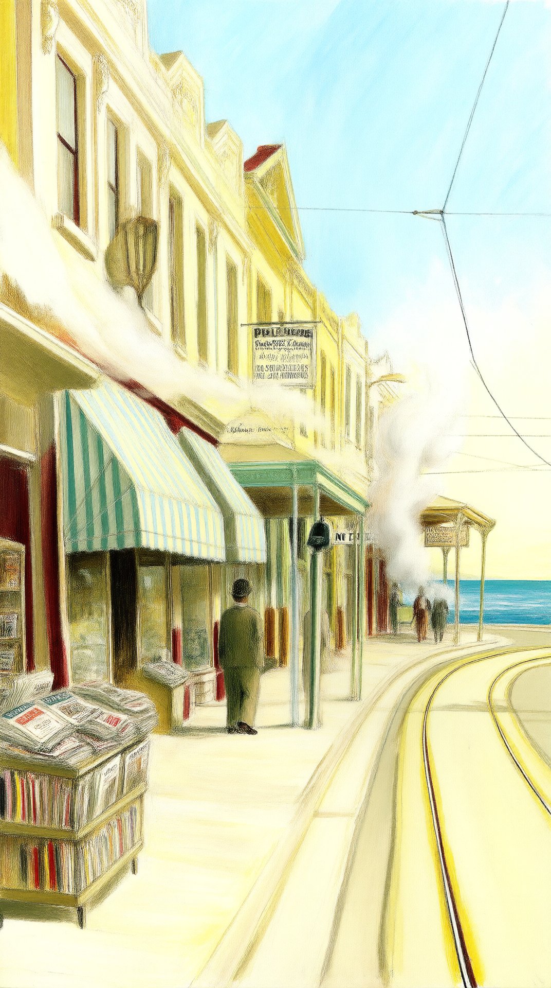A painted 1947 Bondi street scene: shopfronts with striped awnings and a newspaper stand, tram tracks curving away toward the sea