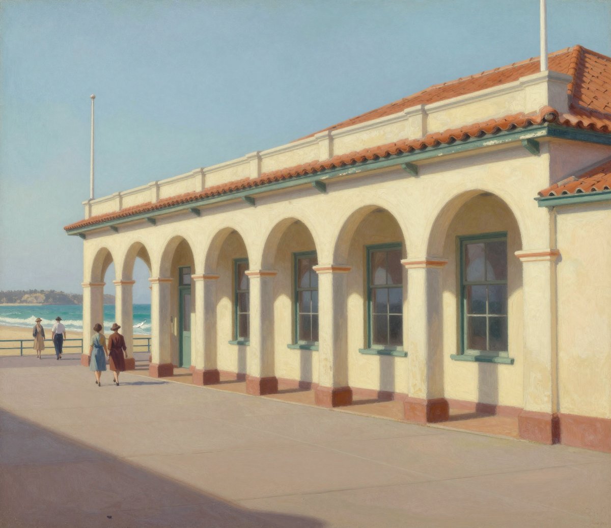 A painted 1947 scene of a long low seaside pavilion: cream stucco with a colonnade of round arches, a terracotta tiled roof and a flagpole, facing a promenade with the beach and a sandstone headland beyond