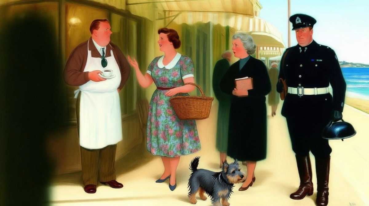 A painted 1947 promenade scene: a café owner in an apron holding a cup, two women talking, a uniformed constable, and a small terrier between them