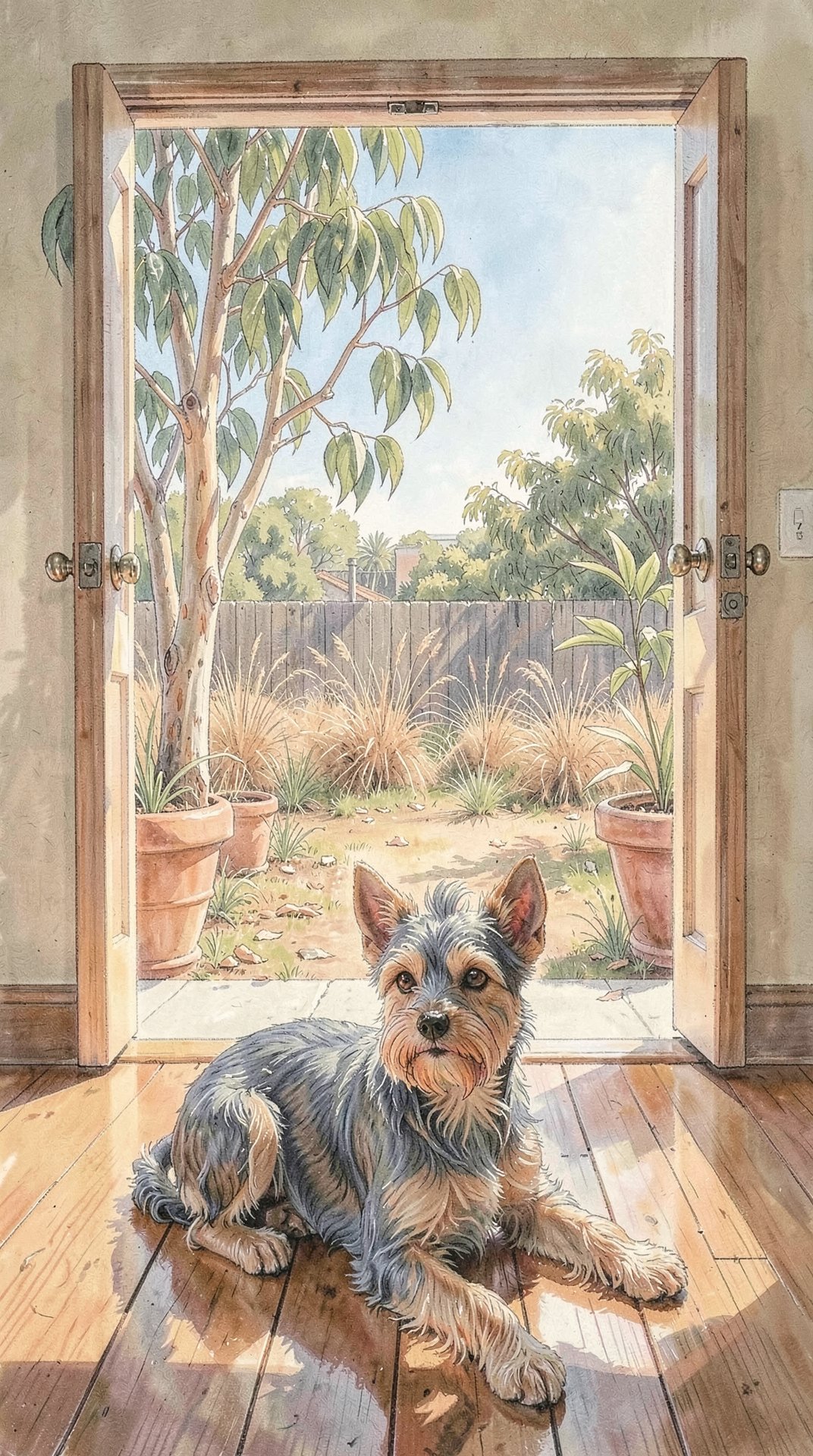 A watercolour of a small terrier lying on floorboards in an open doorway looking out to a sunlit yard with a gum tree and a paling fence
