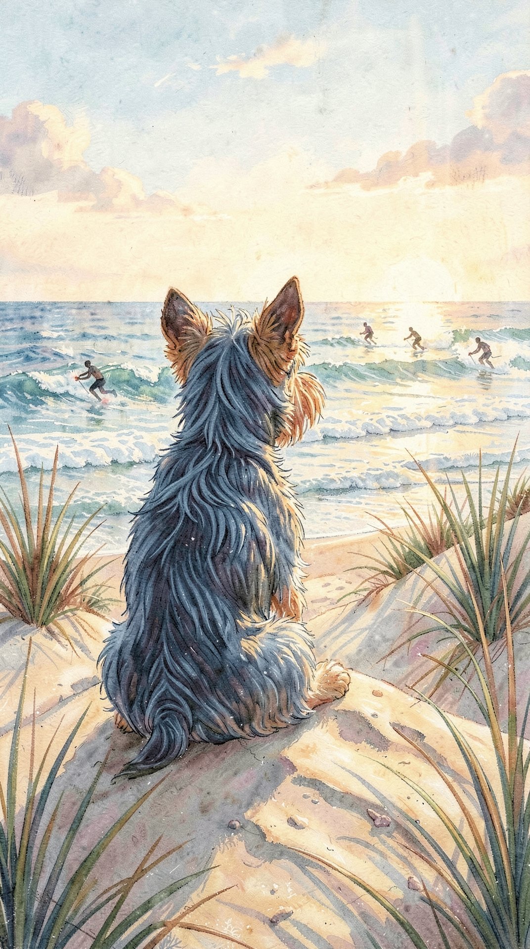 A watercolour of a small terrier seen from behind sitting on a dune in beach grass, watching surfers on the waves at sunrise