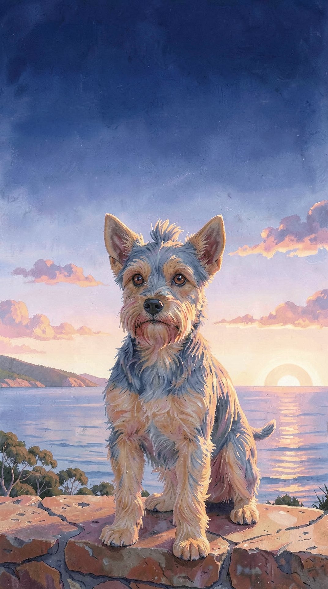 A watercolour of a small blue-and-tan Australian Terrier standing on a sandstone ledge above the sea at sunset