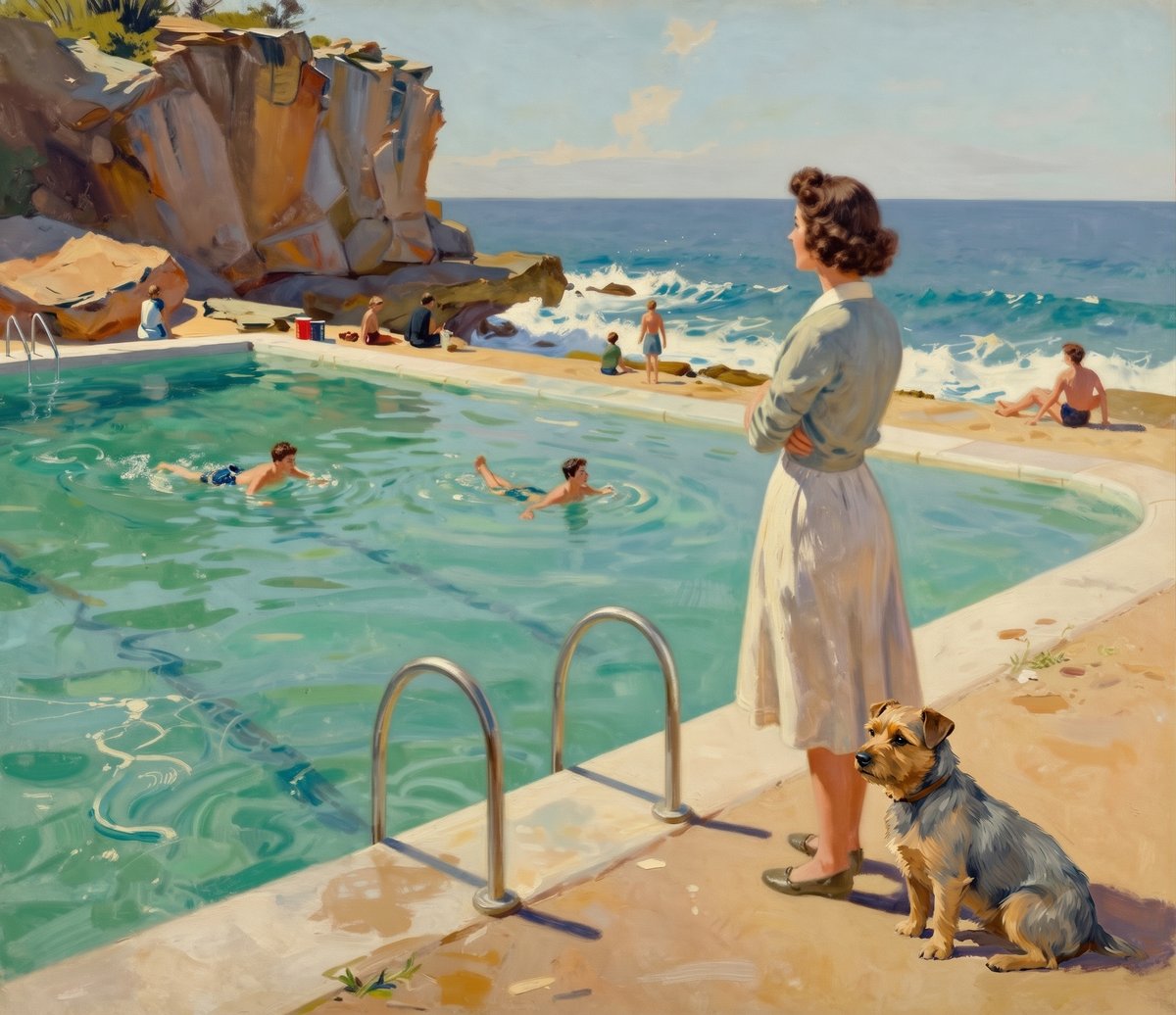 A painted 1945 scene at an ocean rock pool: green water and metal handrails, swimmers, a sandstone headland and open sea beyond, and a slim dark-haired woman in a day dress standing on the concourse with a small blue-and-tan Australian Terrier sitting at her feet