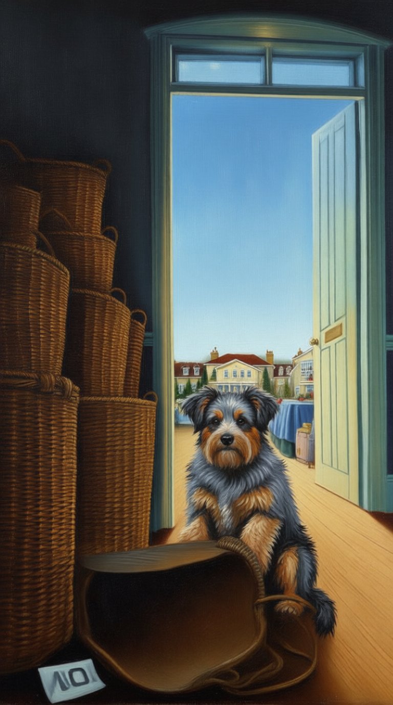 A painted interior of a hall doorway: tall stacks of woven cane hampers in shadow, a small blue-and-tan terrier sitting in the light of an open door