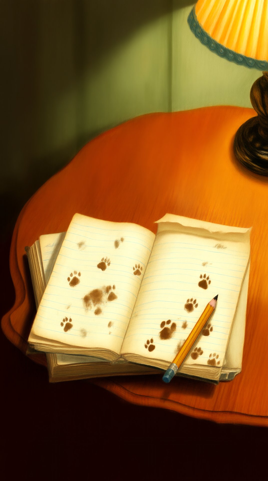 A painted still life under lamplight: an open lined exercise book on a red table with a pencil across it and muddy paw prints over the pages
