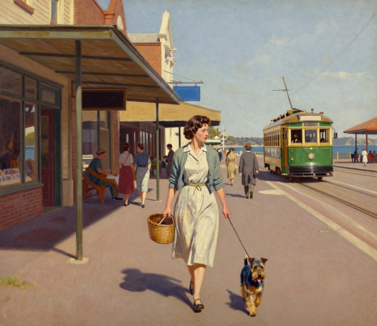 A painted 1940s Australian seaside street: shopfronts with awnings and blank signboards, a green and cream tram at the beach end, people going about their business, and a dark-haired woman with a basket walking a small blue-and-tan Australian Terrier on a lead
