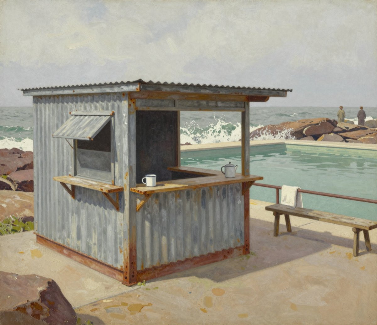 A painted scene of a small corrugated-iron kiosk beside an ocean rock pool: a propped serving hatch, an enamel mug and teapot on a timber counter, a bench, grey-green water and surf breaking beyond