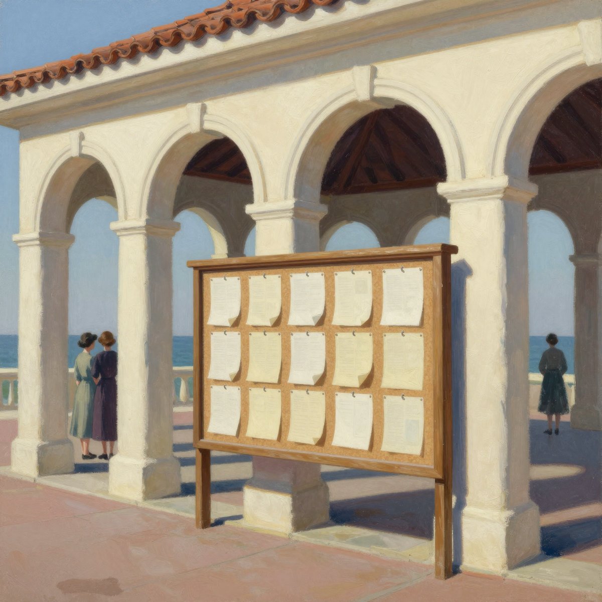 A painted scene under the colonnade of a cream stucco seaside pavilion: a large timber notice board covered in pinned papers, two women in late-1940s dress standing nearby, the sea beyond the arches