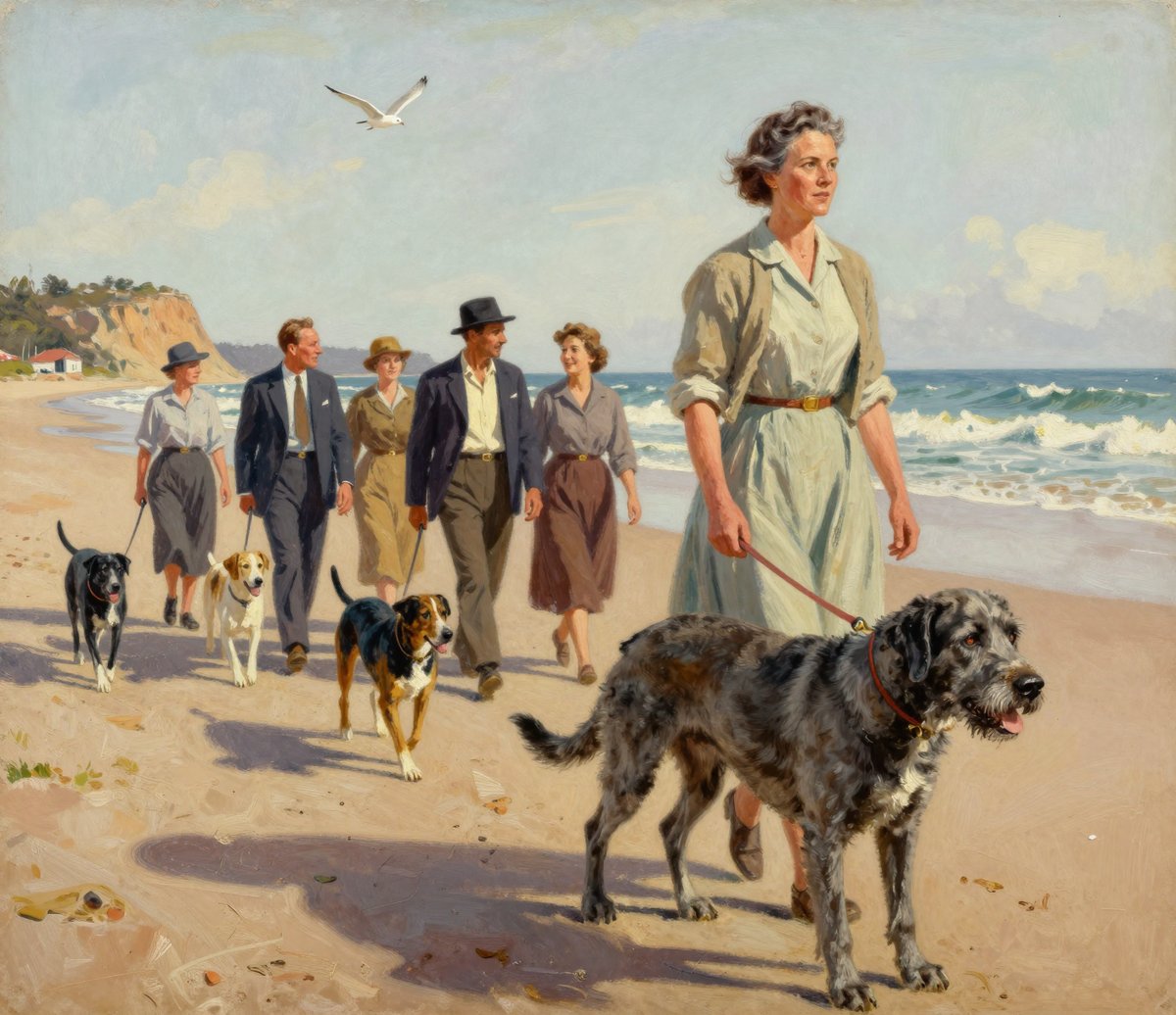 A painted late-1940s Australian beach scene: a tall broad-shouldered woman with dark hair going grey at the sides walking toward the viewer along the waterline with a very large shaggy grey rough-coated dog on a lead, a group of people in period dress with more dogs behind her, surf and a headland beyond