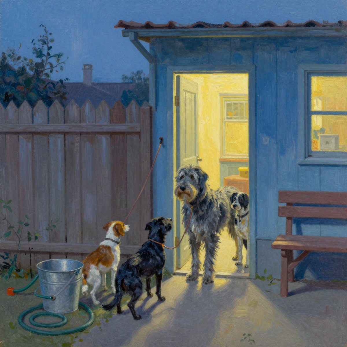A painted pre-dawn scene: the back yard of a blue weatherboard shopfront, an open door spilling yellow light, three dogs waiting on the concrete including a large shaggy grey wolfhound cross, a galvanised bucket and a paling fence