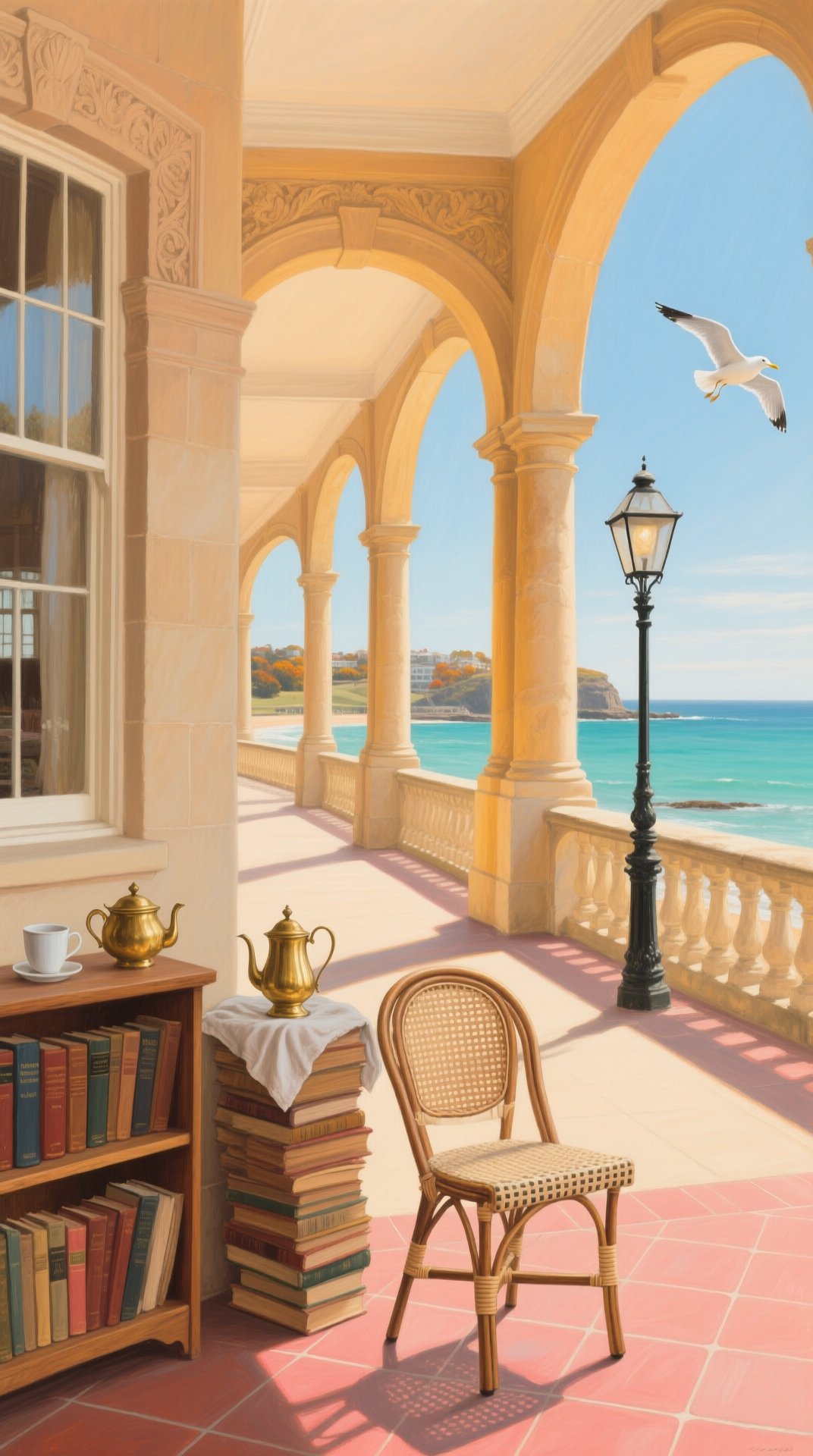 A single cane chair on a sunlit Pavilion terrace beside a stack of books, a brass teapot and a bookcase, with the sea and a lamp post beyond