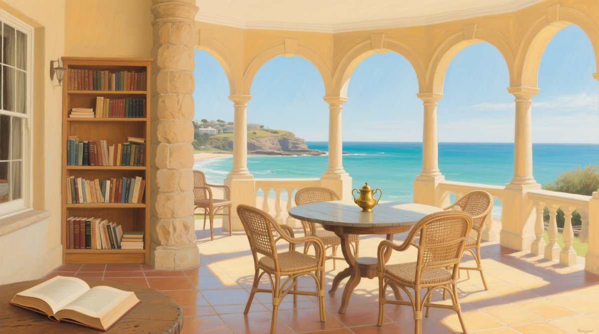 A Pavilion loggia with stone arches, cane chairs and a bookcase, looking out over a turquoise sea and a sandstone headland