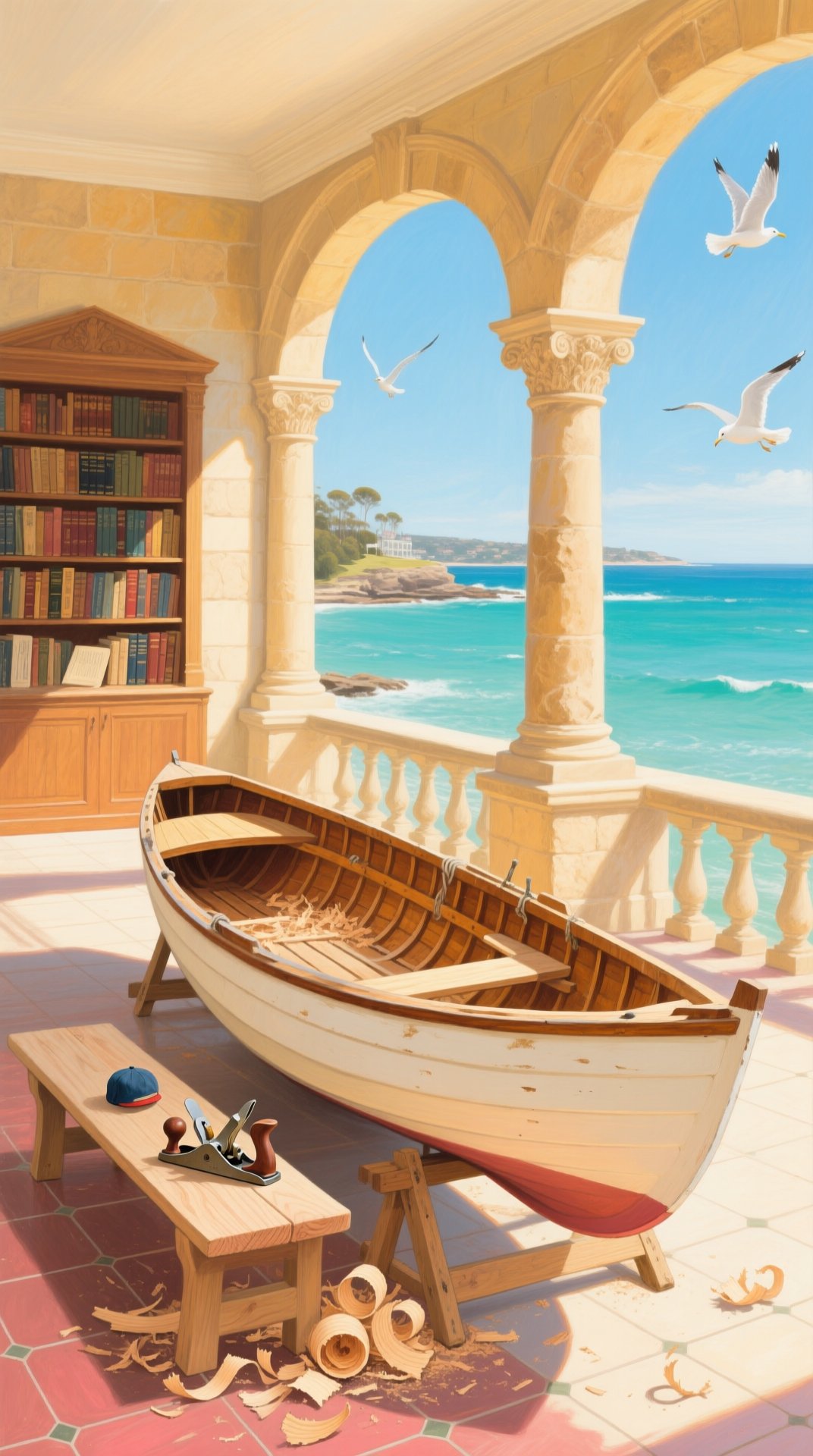 A clinker dinghy under construction on trestles in a sunlit Pavilion loggia, wood shavings on the tiles, bookshelves behind and the sea beyond