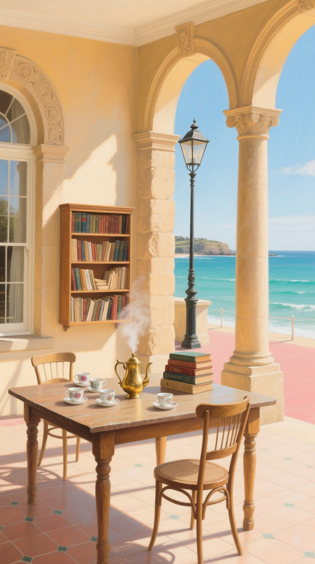 A painted 1948 scene: a wooden table with a brass teapot, four cups and a stack of books on a Pavilion loggia, a wall bookshelf behind, the sea through stone arches