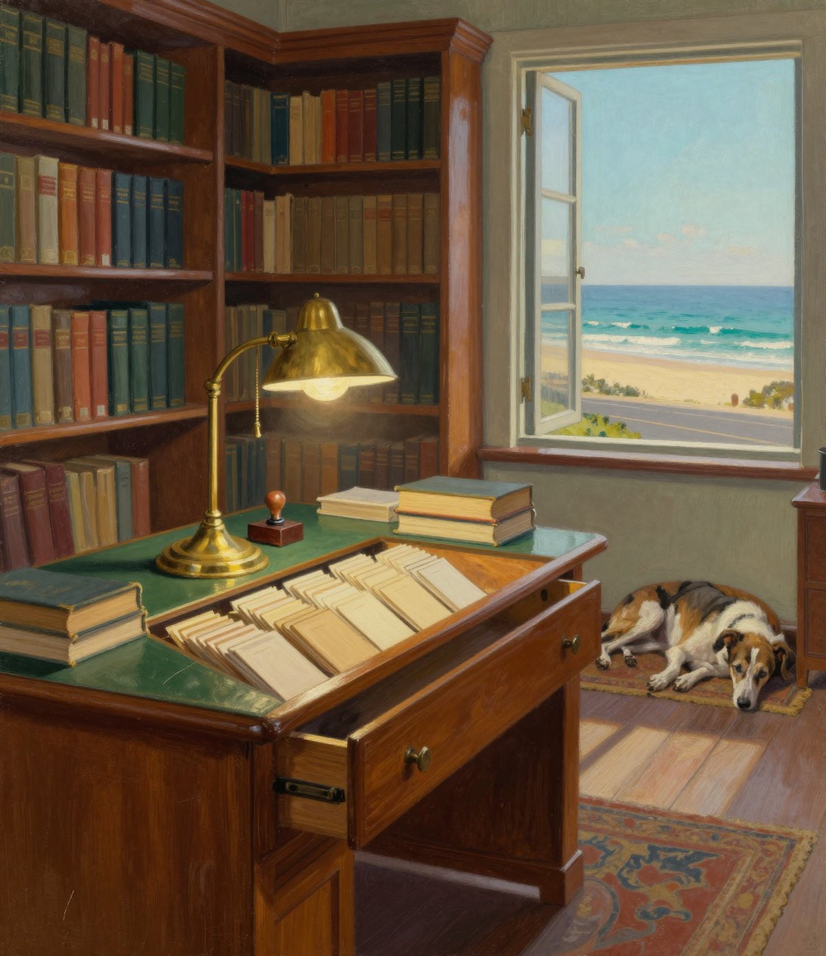 A 1940s library lending desk with a drawer of borrowing cards standing open under a lit brass lamp, a date stamp and clothbound books beside it, a whippet asleep on a rug and the beach through an open sash window