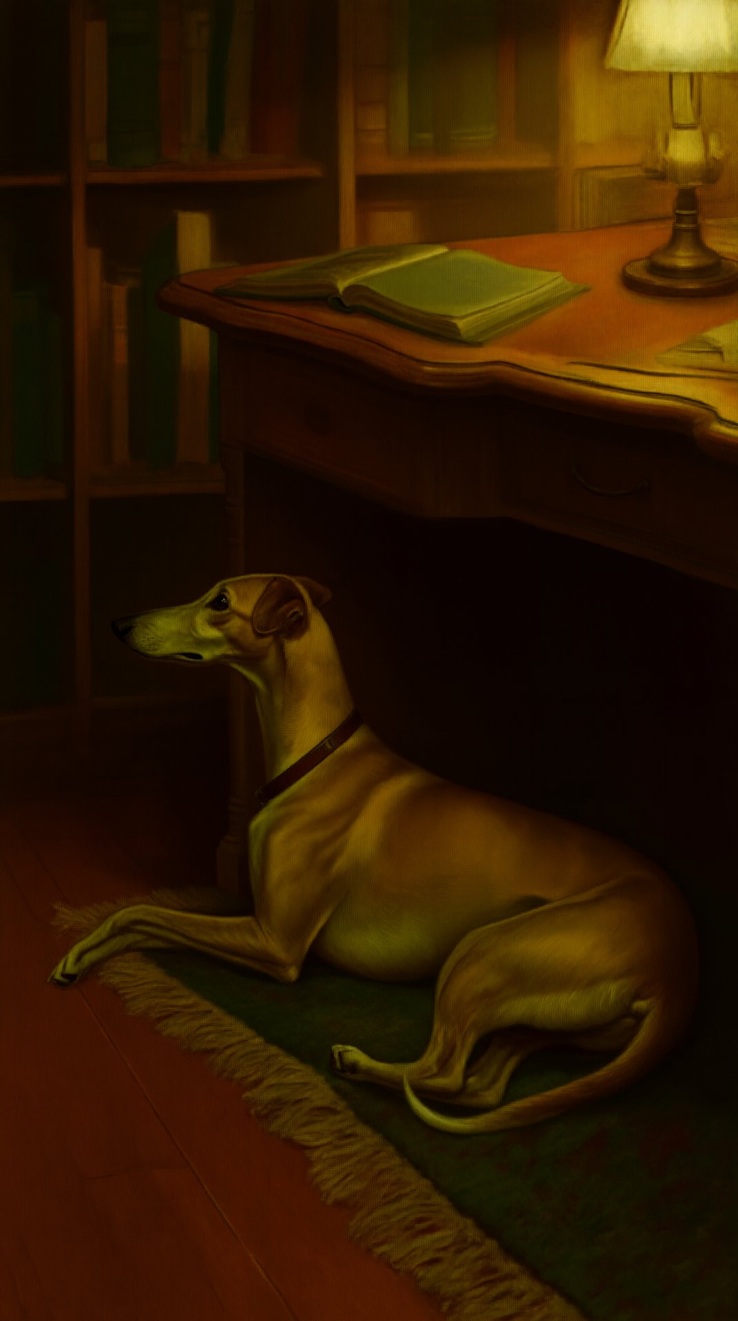 A whippet lying on a rug beneath a lamplit library desk at night, bookshelves in the dark behind