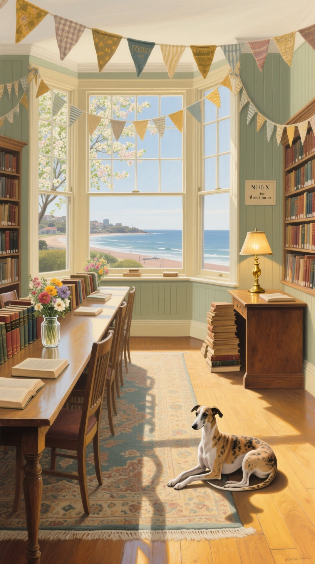 A sunlit 1940s library reading room with a long table, flowers, bunting, bookshelves and a bay window looking over Bondi beach, a whippet lying on the floorboards