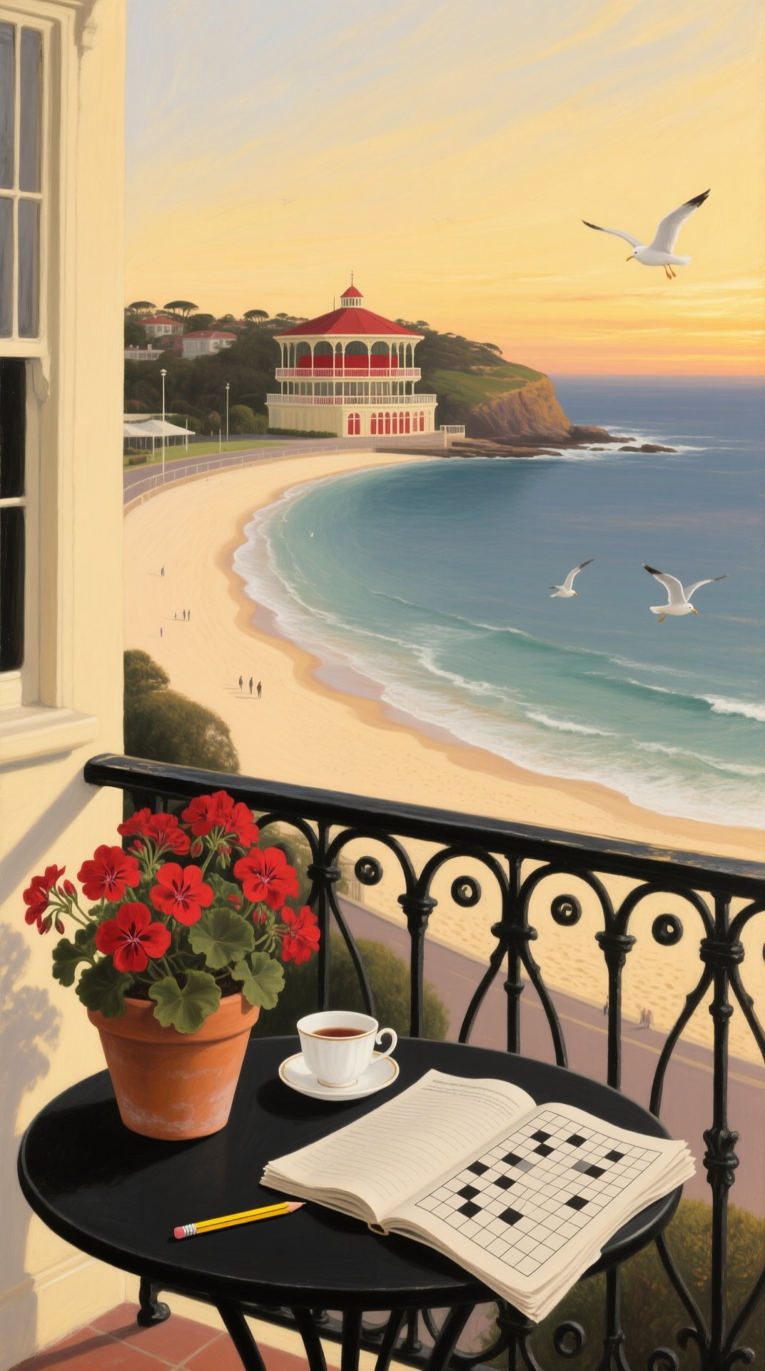 A painted view from a balcony over a curving Bondi bay at sunrise, with a folded newspaper crossword, a teacup and a pot of red geraniums on a cafe table