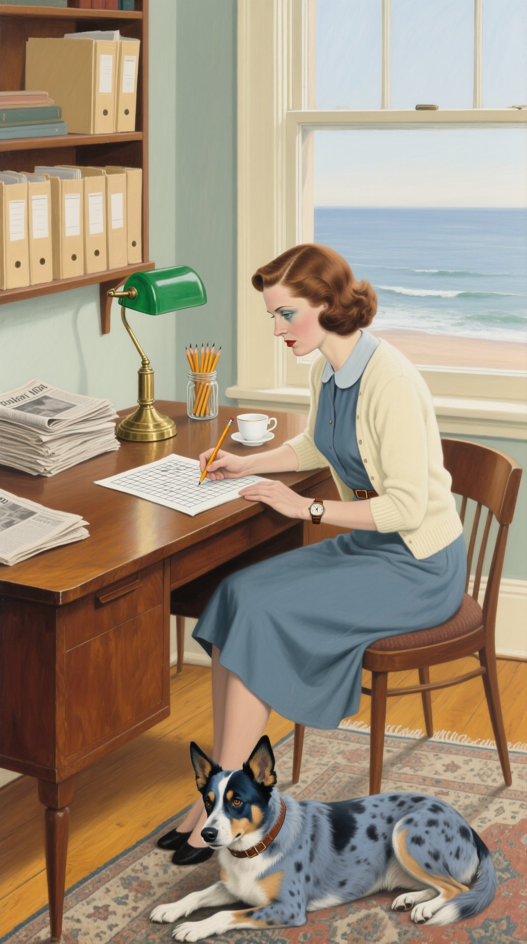 A woman in a cardigan at a desk filling in a crossword grid, newspapers stacked beside her, a green banker's lamp, the sea through the window, a blue cattle dog lying at her feet