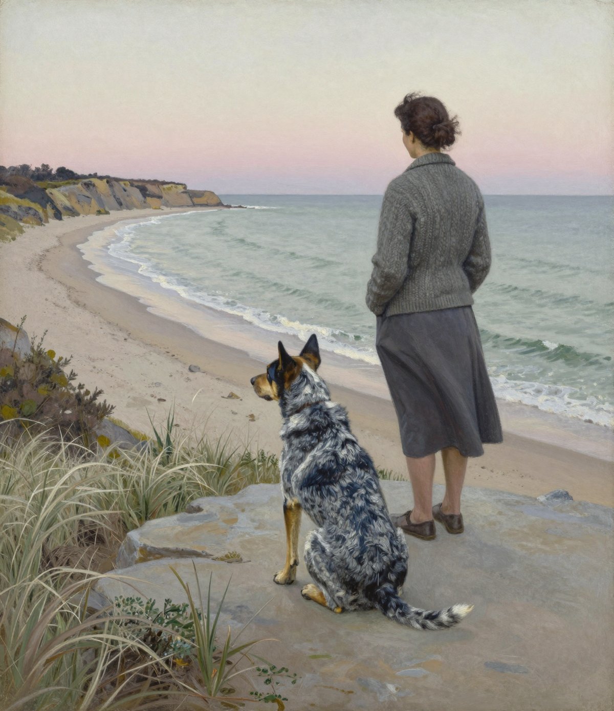 A painted dawn scene on a grassy sandstone headland: a woman in a heavy cardigan seen from behind standing at the edge of a rock ledge, a blue cattle dog sitting alert beside her, a wide bay and breaking surf below