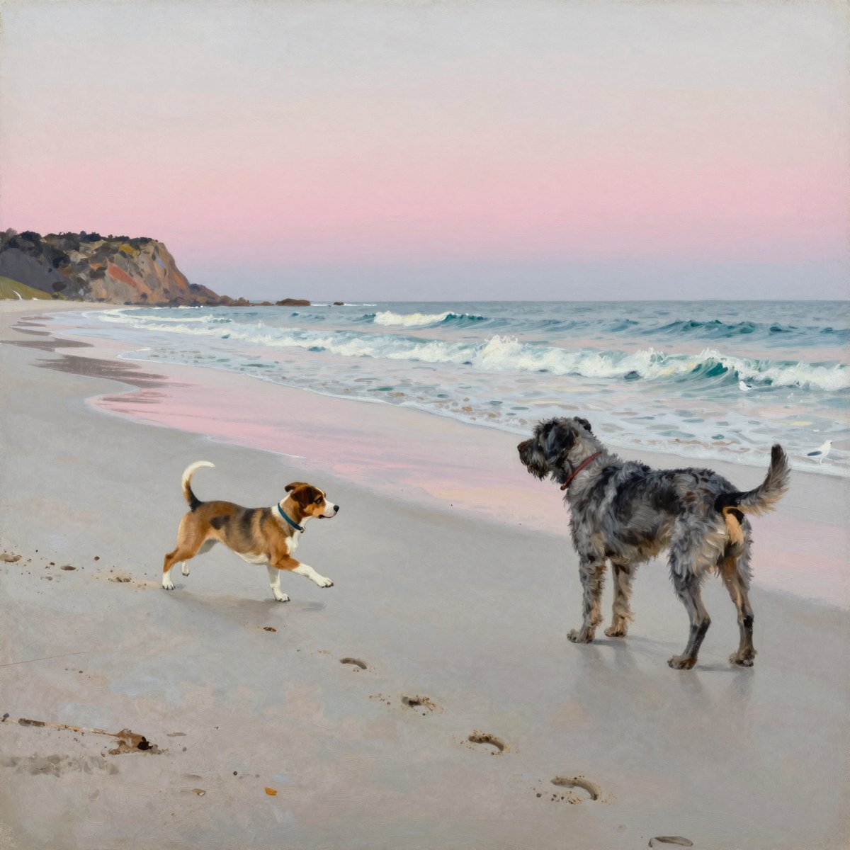 A painted Australian ocean beach at first light: a young dog at full stretch chasing the edge of a wave on cold firm sand, a larger rough-coated grey dog watching from a few yards away, a line of paw prints behind them and a headland in the distance under a pink and grey sky