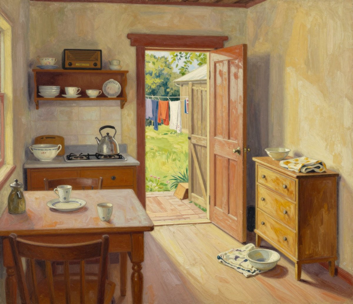 A painted modest 1948 Australian kitchen seen from the back door: a scrubbed table with two cups, a kettle on a gas ring, a dresser of mismatched china, a wireless on a shelf, and the back door standing open onto a sunny yard with a clothes line and a wooden gate
