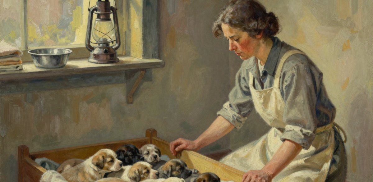A painted 1948 interior: a tall woman in a work dress and apron kneeling beside a large low timber whelping box with one hand on its rail, eight fat sleeping puppies heaped together inside it, a hurricane lamp and a tin bowl on the window shelf behind her