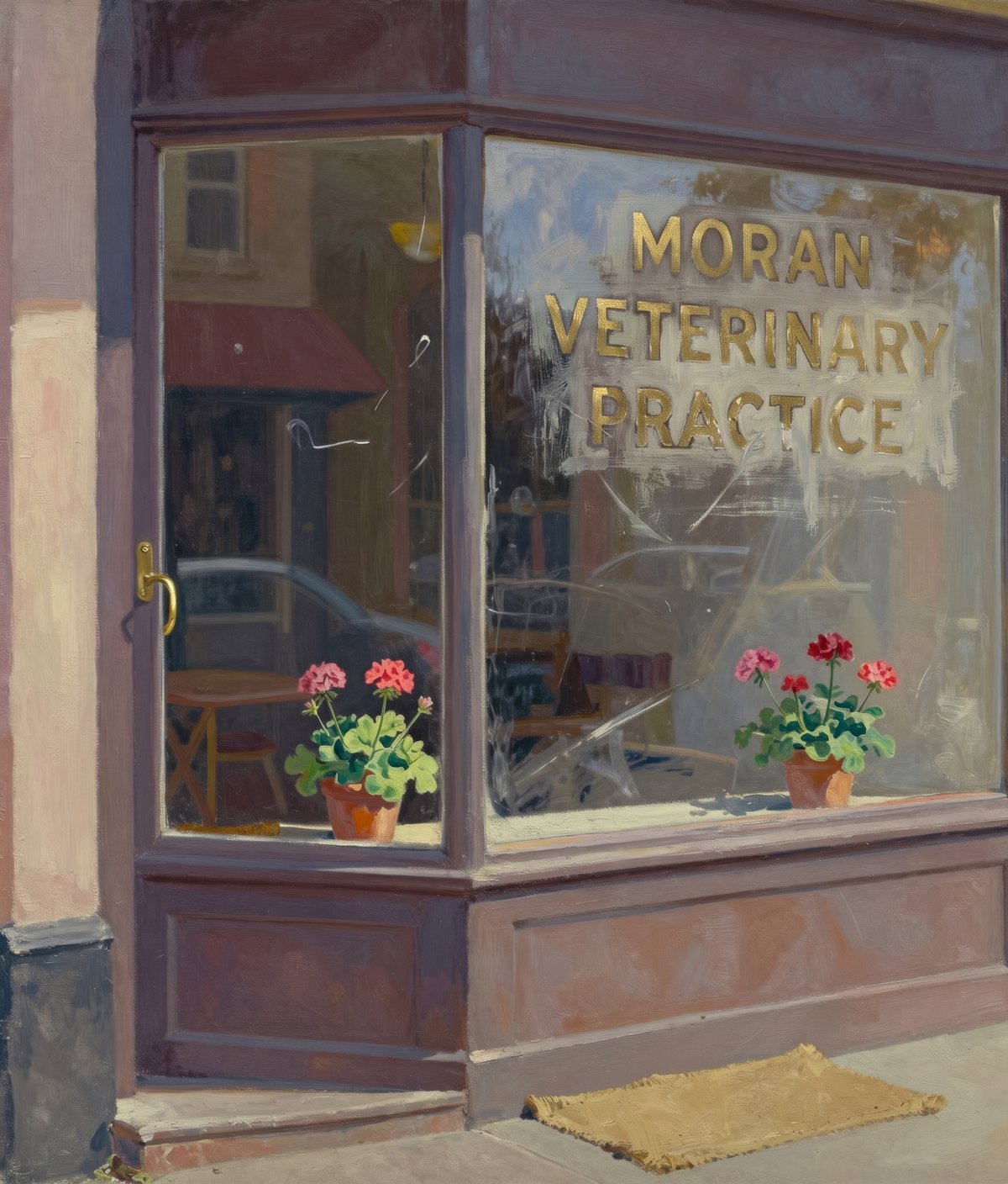 A painted 1948 shopfront seen at an angle from the footpath: painted-over plate glass with worn gold signwriting reading MORAN VETERINARY PRACTICE ghosting through the newer paint, a brass door handle, a worn stone step, a coir mat and pots of red geraniums on the sill