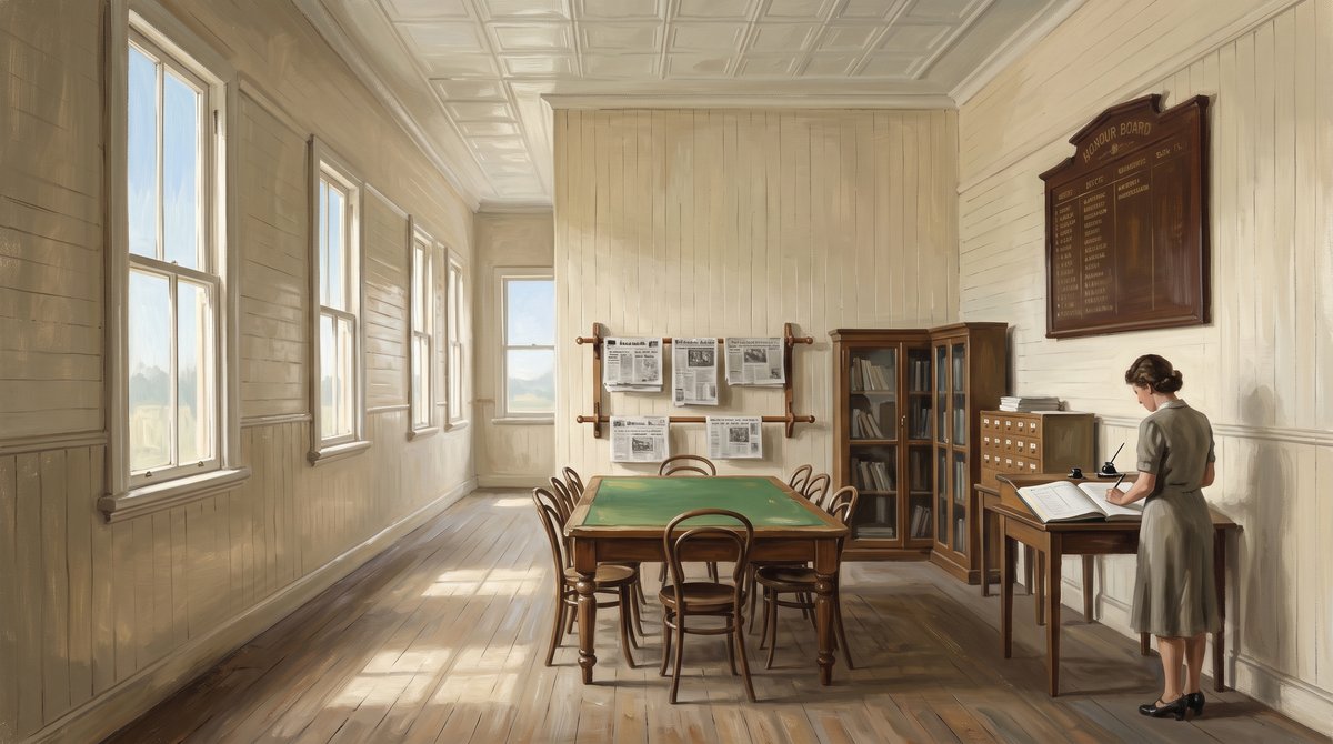 A painted interior of a timber hall with tongue-and-groove walls, a pressed metal ceiling and a polished board floor. Tall sash windows run down the left wall. A green-topped table with bentwood chairs stands in the middle, newspapers hang on wooden reading rods on the wall, and a glazed bookcase and a card-index cabinet stand beyond. A woman in a plain dress writes in a large open register at a desk on the right, beneath a dark polished honour board.