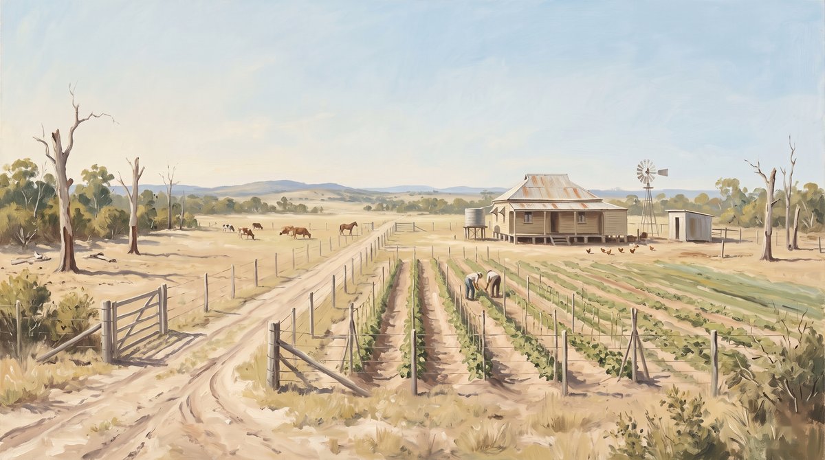 A painted view across a small farm on flat inland country under a wide pale sky. Ruled rows of a green crop run away from a post-and-wire fence in the foreground, where two figures work between the rows. A timber farmhouse with a corrugated iron roof and a water tank stands beyond, with a windmill, a small outbuilding and poultry near it. Cattle and a horse graze in a dry paddock to the left among dead standing trees, and a sandy track runs in past a farm gate.