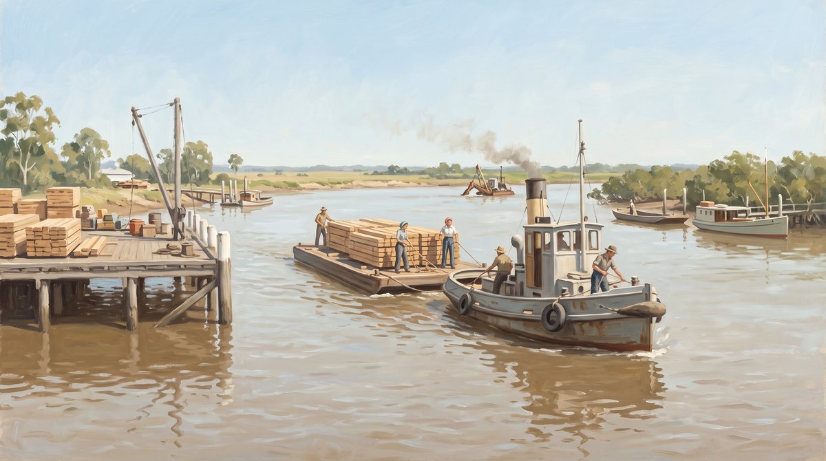 A painted river scene under a high pale sky. A small diesel tug with a black funnel tows a flat-deck barge stacked with sawn timber down a wide brown river, four or five men working on the two decks. On the left a timber wharf on piles carries stacked boards, drums and a hand derrick. Upriver a dredge trails smoke, a jetty runs out from a low green bank, and moored launches sit against the far shore with gums and flat farmland behind them.
