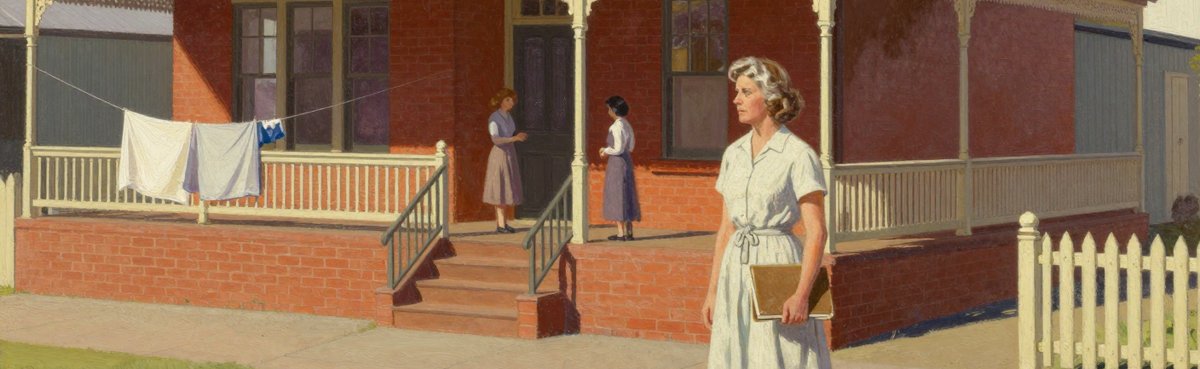 A painted late-1940s Australian street scene: a large two-storey Federation house in brick and render with a wraparound verandah and iron lace, washing on a line, women talking on the verandah, and a woman in her forties standing on the road in front of it with a large ledger held against her hip