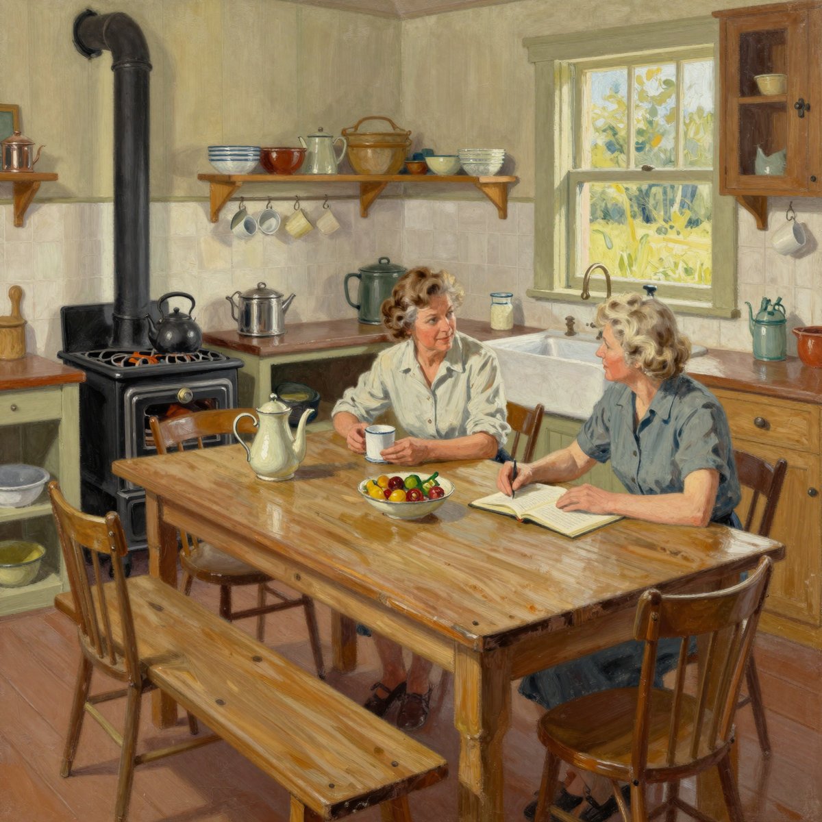 A painted 1940s guesthouse kitchen: a black cast-iron stove with a flue and a kettle, a long scrubbed pine table, a deep porcelain sink under a window, and two women in period dress sitting at the table with tea and an open account book between them