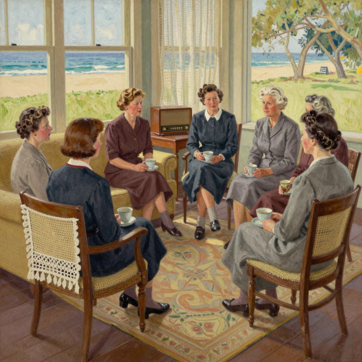 A painted 1940s parlour during a women's meeting: eight women of different ages sitting in a circle of mismatched chairs with teacups, a valve wireless on a side table, net curtains and bright sea light through the windows