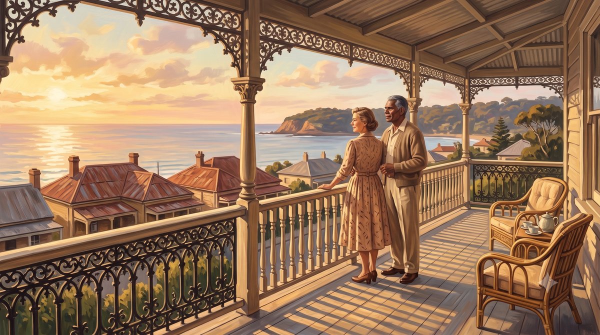 A painted golden-hour scene on the upper verandah of an Australian seaside guesthouse: a woman in her forties and an Aboriginal Australian man stand together at the iron-laced rail looking out over red-tiled rooftops to the ocean and a headland, with two cane armchairs and a teapot beside them