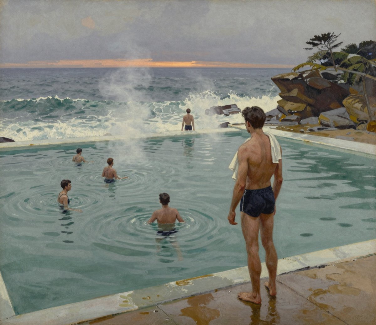 A painted winter dawn at an ocean rock swimming pool: grey-green water with steam lifting off it, four men in dark period swimming costumes in the pool, and in the foreground a lean broad-shouldered man with dark hair and a towel over one shoulder standing at the edge with his back to the viewer
