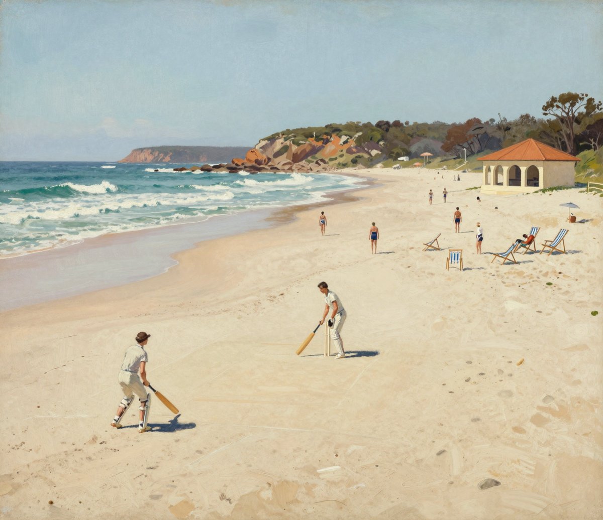 A painted summer scene on a wide Australian beach in the late 1940s: two figures playing beach cricket on the flat wet sand, deck chairs and bathers up the beach, a small terracotta-roofed pavilion and a headland beyond