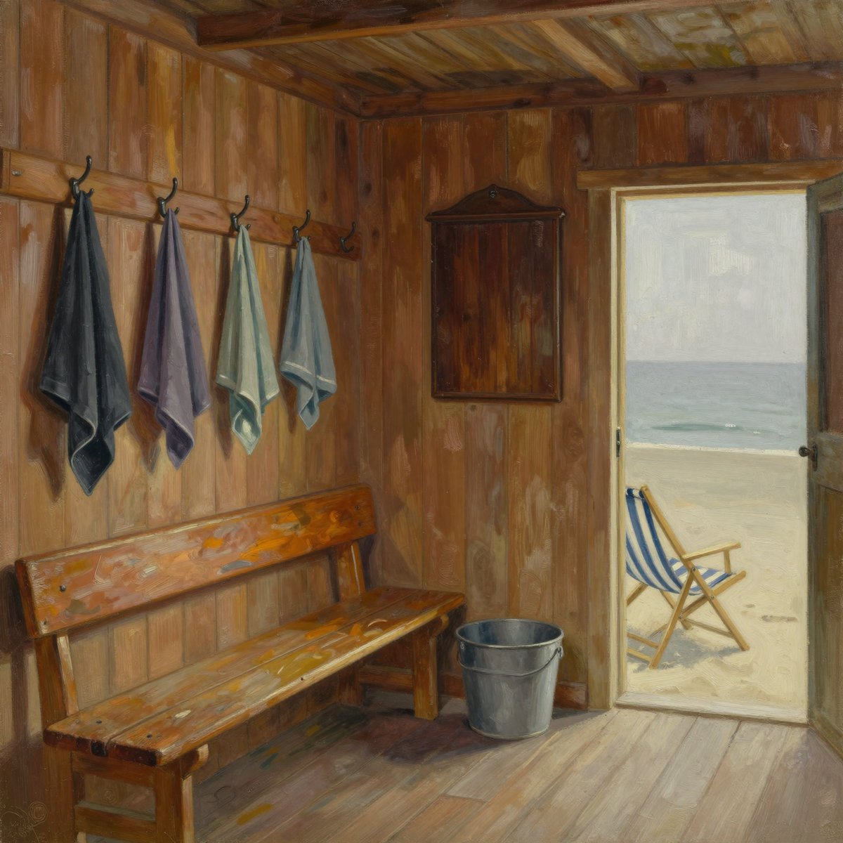 A painted interior of a spartan timber-lined seaside clubroom: four dark towels on iron hooks, a plain varnished board on the wall, a worn wooden bench, a galvanised bucket, and an open door onto flat grey sea