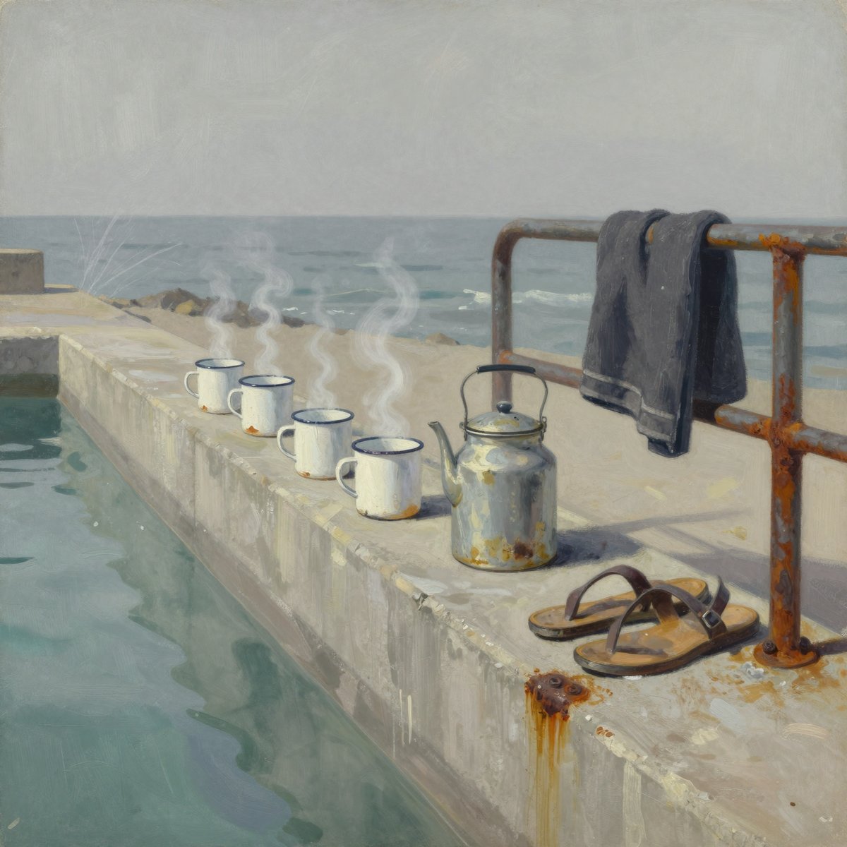 A painted close view of a concrete sea wall beside an ocean pool: five steaming white enamel mugs in a row, a battered kettle, a dark towel over a rusting iron rail, a pair of worn leather sandals