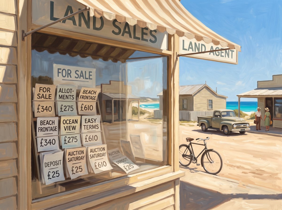 A painted 1950s Australian shopfront in bright sun. A land agent's plate glass window is filled with hand lettered cards reading FOR SALE, ALLOTMENTS, BEACH FRONTAGE, OCEAN VIEW, EASY TERMS, AUCTION SATURDAY and DEPOSIT, with prices in pounds. A LAND SALES sign runs above the window and a LAND AGENT sign hangs to the right. A bicycle leans against the shopfront, a utility truck stands on the sandy street, two people in hats talk outside a shop, and turquoise surf shows beyond the dunes.