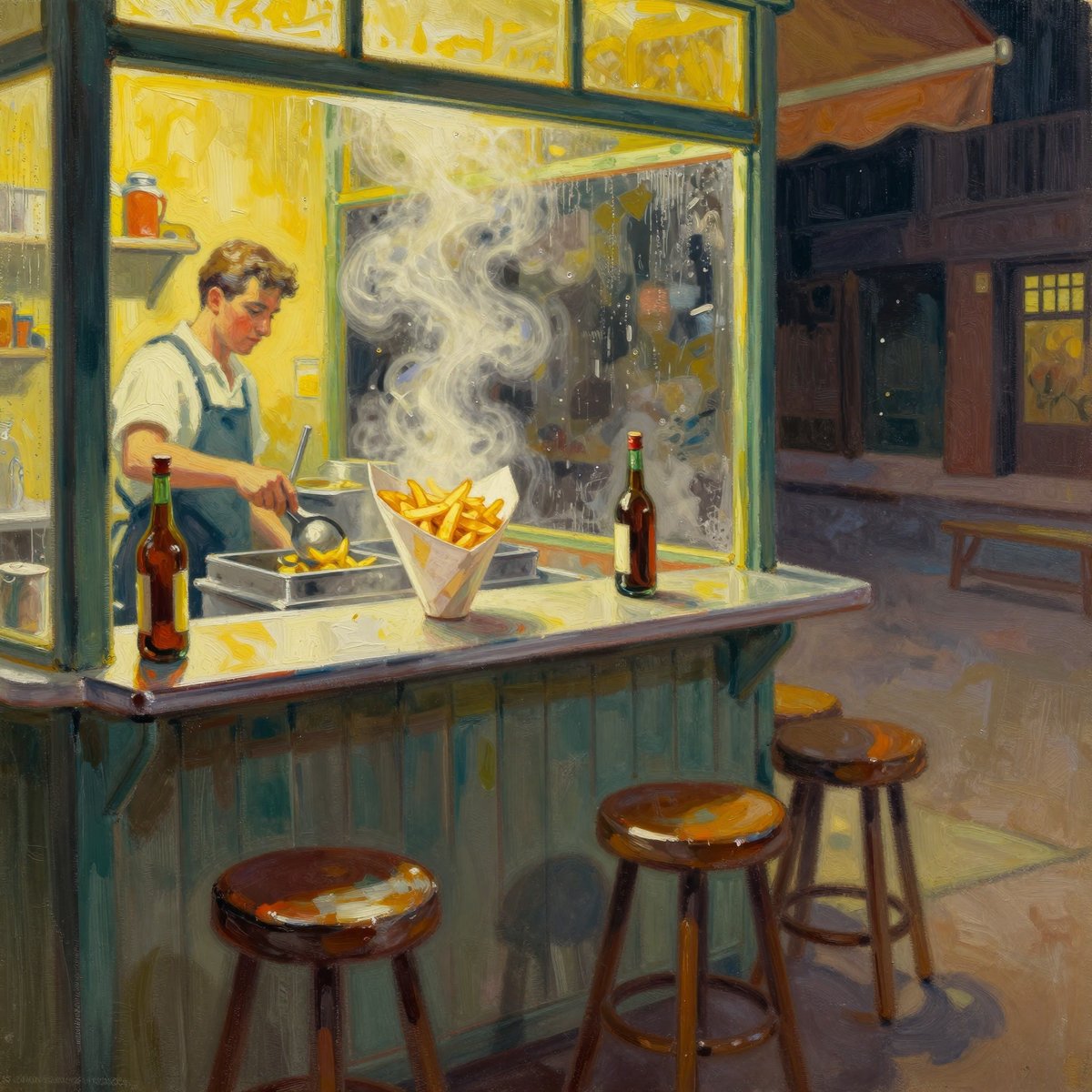 A painted 1940s fish and chip shop interior at night: a steel fryer behind a high counter with a scoop of chips going into a plain paper cone, bottles of vinegar, timber stools, a figure in an apron working at the fryer, condensation on the window and the dark street beyond