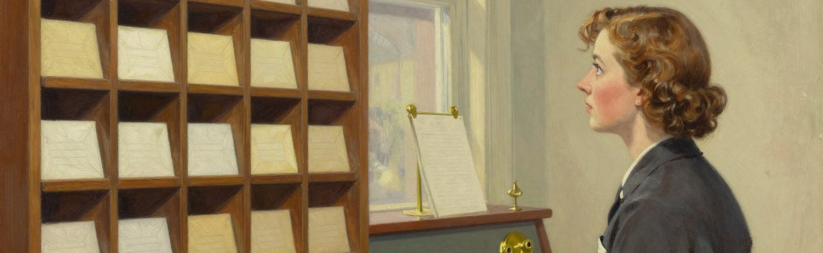 A painted 1946 post office interior: tall timber pigeonhole racks packed with plain envelopes and brown-paper parcels tied with string, and a young woman in a dark uniform blouse at a cramped sloped desk with a heavy ruled ledger open in front of her