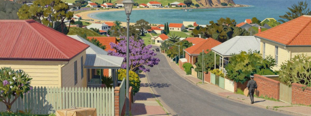 A painted late-1940s Australian street above a bay: a black delivery bicycle with a wicker basket of brown-paper parcels propped against a brick pier, a cast-iron lamp standard, a jacaranda in flower, cottages with red tiled roofs stepping down the hill, a uniformed figure walking away up the footpath, and a low green headland scattered with small cottages across the water
