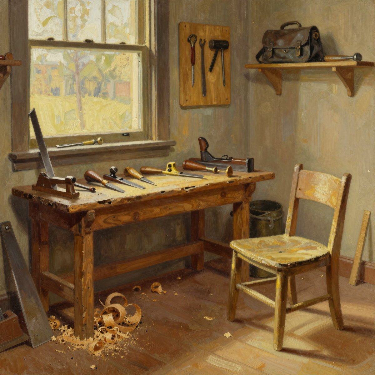 A painted 1940s carpenter's workshop: a scarred timber bench with hand planes and chisels laid in a row, curled shavings on the floorboards, a half-built chair, tools on a board above the bench and a leather satchel on a high shelf