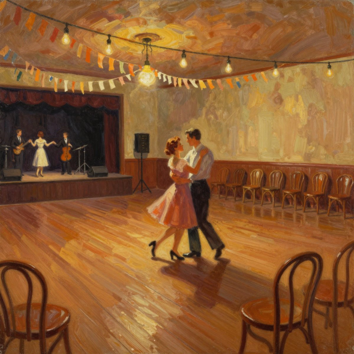 A painted suburban Australian dance hall in the late 1940s: a sprung timber floor, paper streamers and bare festoon bulbs overhead, a small band on a low stage, a couple dancing at middle distance in period dress, and a row of empty bentwood chairs along the wall