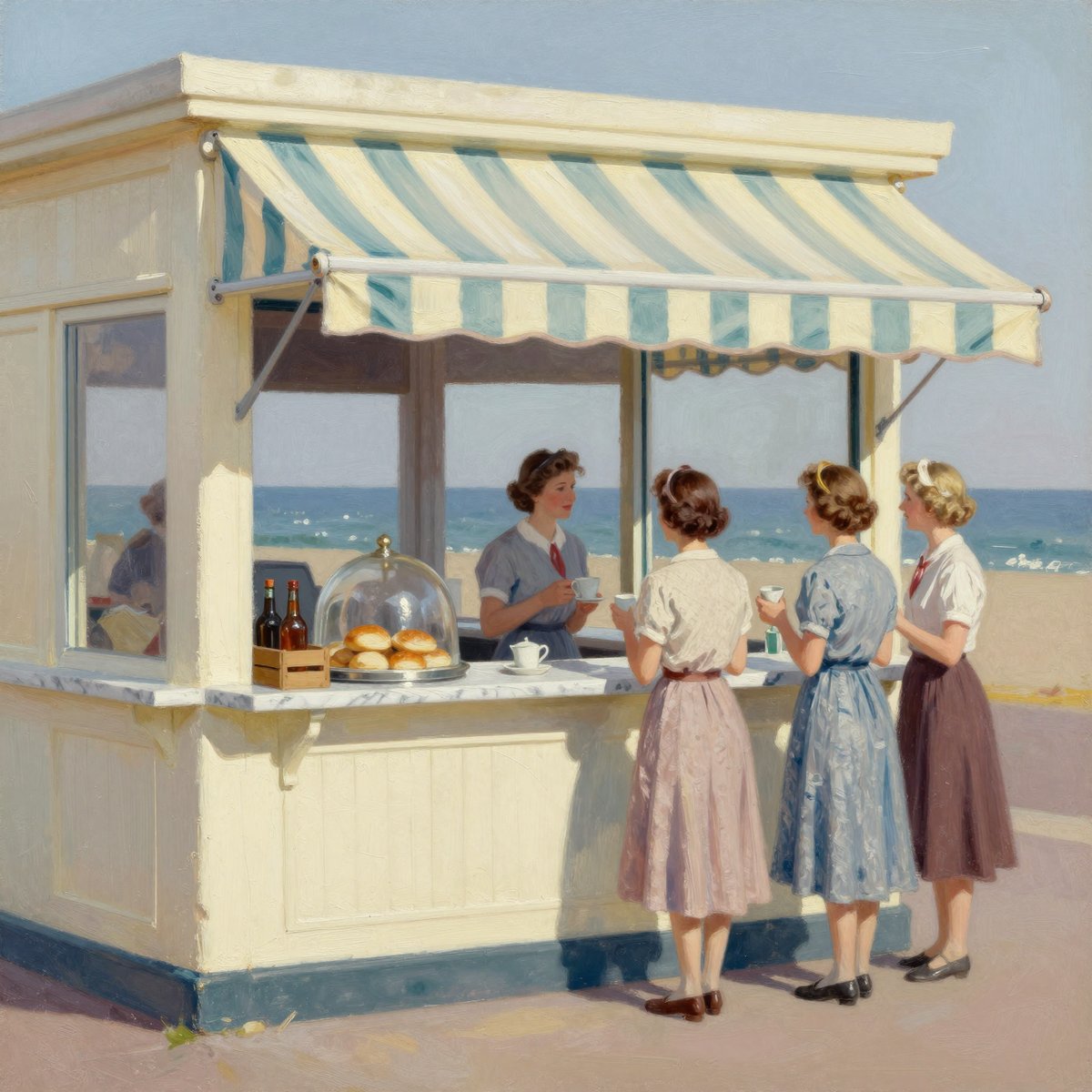 A painted seaside refreshment kiosk in the late 1940s: a serving hatch in cream stucco under a striped awning, a marble counter with a tea urn and a glass dome over buns, and four women in period dress standing at the counter with cups in their hands, the sea behind them