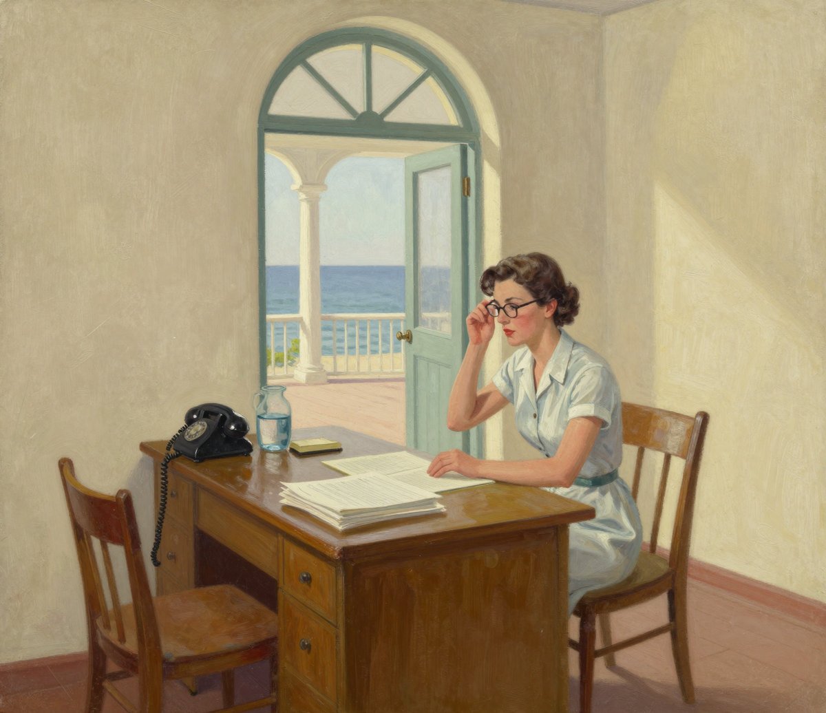 A painted 1940s seaside pavilion office: a plain timber desk against a cream stucco wall under a round arch, a telephone and a stack of blank ruled forms on the blotter, and a woman in a plain day dress with reading glasses pushed up onto her head sitting behind it, with an open door onto a bright colonnade and the ocean beyond