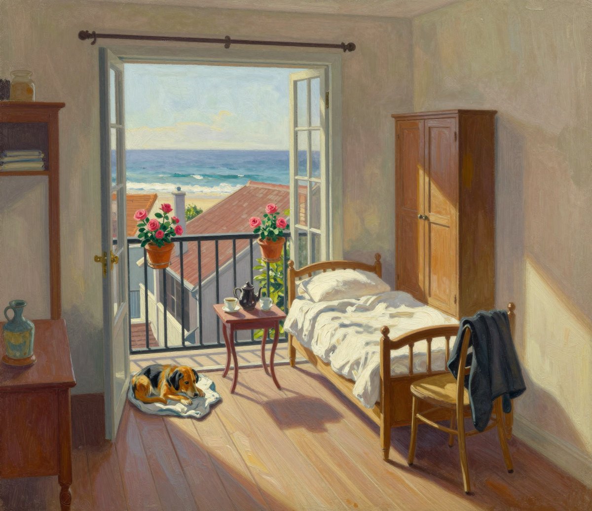 A painted one-room 1940s flat: open french doors onto a narrow iron balcony with potted roses and the ocean beyond the rooftops, a narrow bed made up tight, a small table with a teapot and one cup, a wardrobe, a coat over a chair, and a dog asleep on a folded blanket by the balcony door