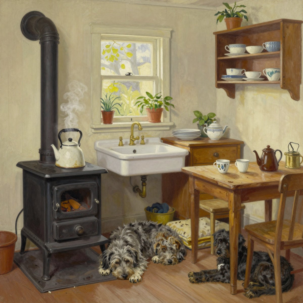 A painted 1940s flat kitchen: a black cast-iron stove with a flue and a steaming kettle, a deep porcelain sink, a timber dresser of china, a scrubbed table with two cups, and two dogs asleep on the floorboards